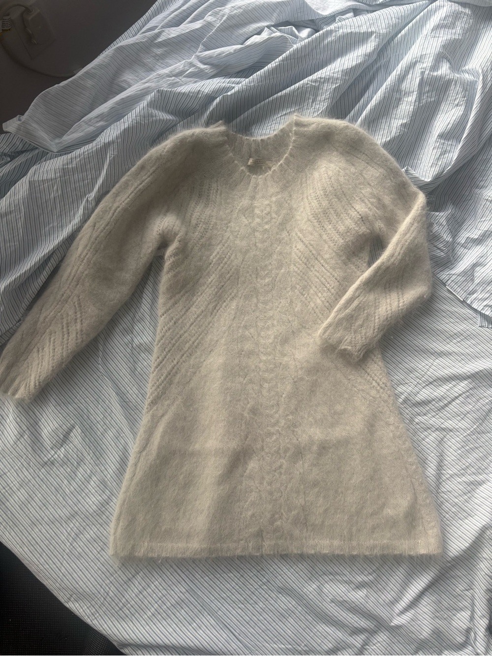 Nina Ricci Cozy Angora Cable Knit Crewneck Sweater Dress - Silvery white